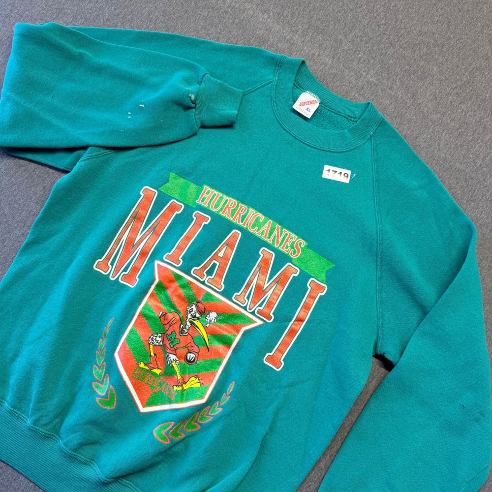 80's Vintage Jerzees Miami Hurricanes Sweatshirt XL Teal Sebastian Ibis USA